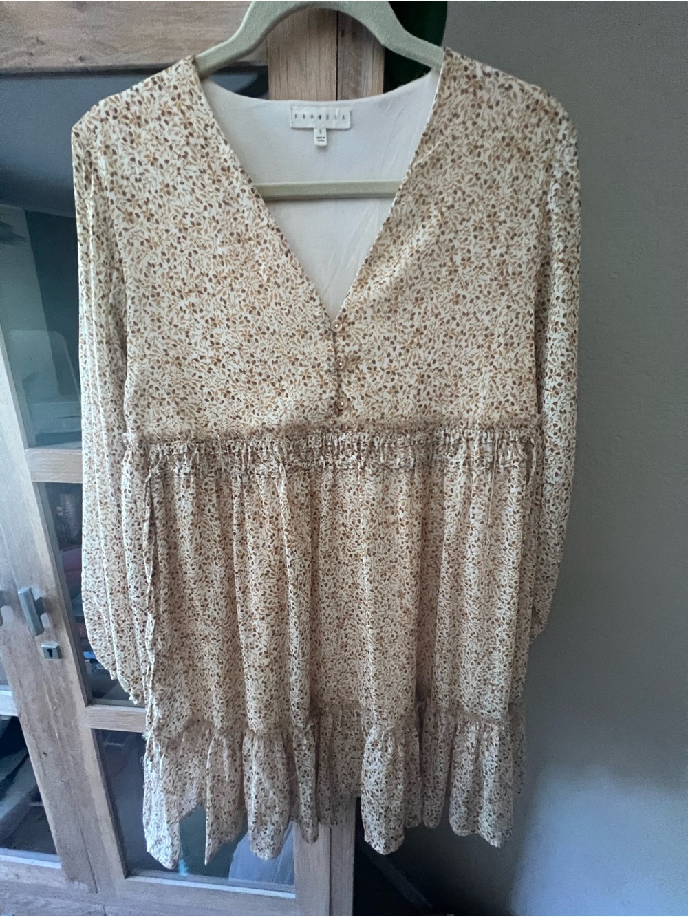 Promesa Yellow and Tan Fringe Flower Print Bohemian Dress - Sheer Sleeves